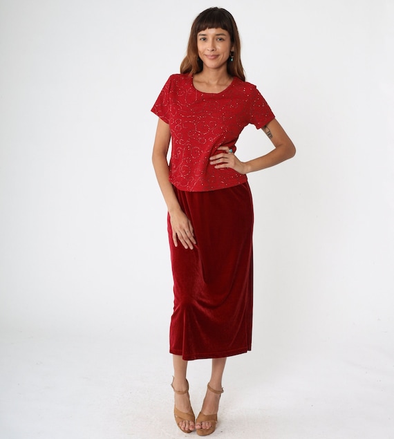 Metallic Red Dress 90s Velvet Dress Sparkly Party Dress Glitter Short Sleeve Shift Midi Holiday Cocktail Drop Waist Vintage Kathie Lee Small