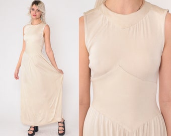 1970s Grecian Maxi Dress Beige Asymmetrical Chevron Drop Waist 70s Boho Party Dress Long Vintage Sleeveless Bohemian Small