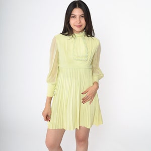 60s Mini Dress Mod Lime Green Pleated Party Dress Long Chiffon Sleeve 1960s Space Age Empire Waist Babydoll Vintage Bohemian Extra Small xs