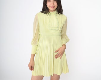 60s Mini Dress Mod Lime Green Pleated Party Dress Long Chiffon Sleeve 1960s Space Age Empire Waist Babydoll Vintage Bohemian Extra Small xs