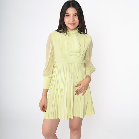 60s Mini Dress Mod Lime Green Pleated Party Dress Long Chiffon Sleeve 1960s Space Age Empire Waist Babydoll Vintage Bohemian Extra Small xs