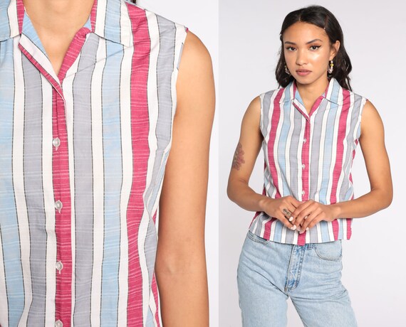 Striped Blouse 70s Boho Shirt Sleeveless Shirt 1970s Vintage Bohemian Button Up Tank Top Extra Small xs