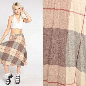 Plaid Midi Skirt 70s Wool Blend School Girl Skirt Tan Checkered Tartan High Waisted Preppy Uniform Brown Retro Vintage 1970s Small S 27 image 1