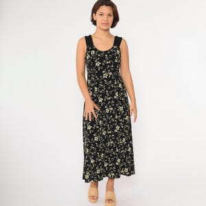 Vintage Black Floral Dress 90s Ankle Length Maxi Dress Flower Print Day Scoop Neck Sleeveless Sun Tank Summer Bohemian 1990s Stretchy Large