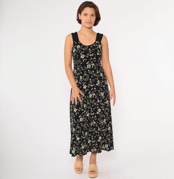 Vintage Black Floral Dress 90s Ankle Length Maxi Dress Flower Print Day Scoop Neck Sleeveless Sun Tank Summer Bohemian 1990s Stretchy Large