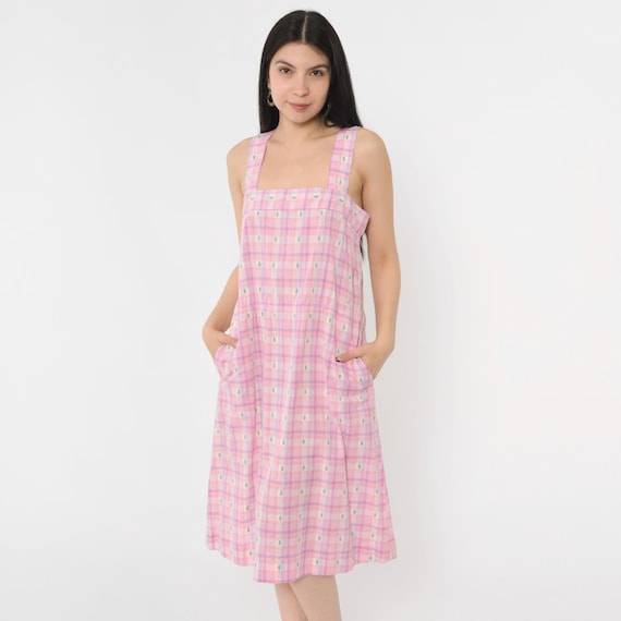 Vintage Pink Plaid Sun Dress 80s Midi Sundress Embroidered Palm Tree Sleeveless High Waisted Checkered Print 1980s Cottagecore Small S