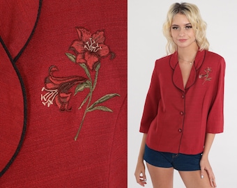 Floral Blazer Jacket Red Embroidered Jacket 80s Blazer Applique Bohemian Summer Vintage 1980s Women Boho Medium