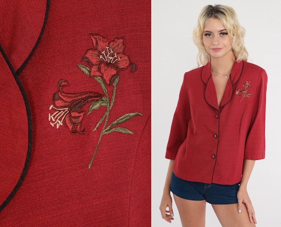 Floral Blazer Jacket Red Embroidered Jacket 80s B… - image 1