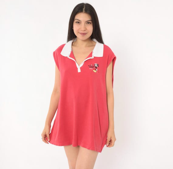 Y2K Mickey Mouse Polo Disney Standing Proud Embroidered Cotton Cap Sleeve Red Top White Collar V Neck Boxy Fit Shirt Tee Plus Size 2X