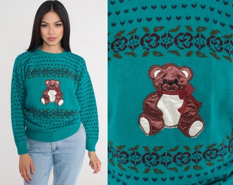 Teddy Bear Sweater 80s Teal Knit Pullover Floral Hearts Girly Novelty Print Cute Kawaii Spring Sweater Acrylic Vintage 1980s Small