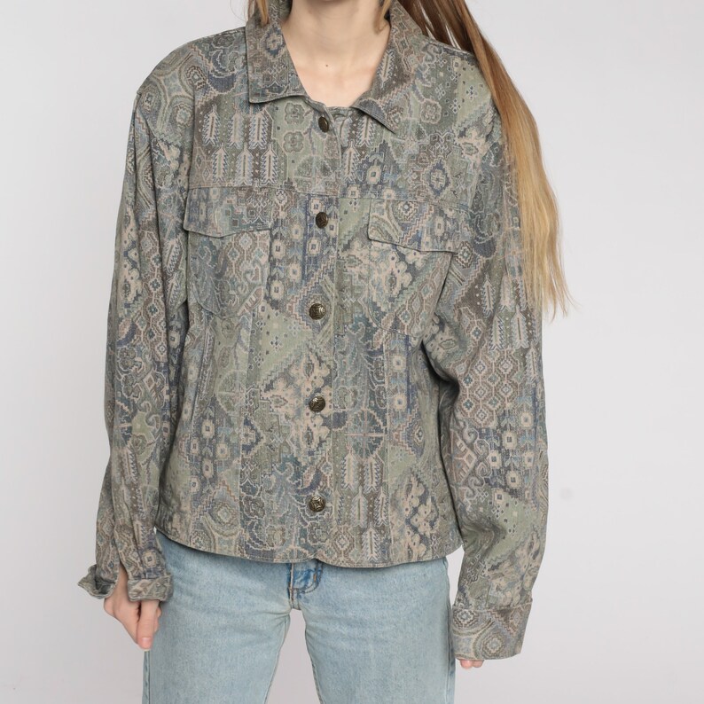 90s Boho Jacket Geometric Jacket Lightweight Button Up Cargo Jacket Bohemian Vintage 1990s Floral Bohemian Jacket Taupe Blue Extra Large xl immagine 7