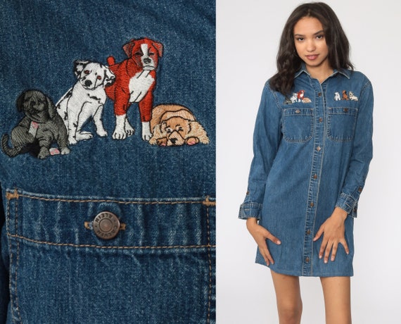 Denim Dog Dress Calvin Klein Mini Jean 90s Embroi… - image 1