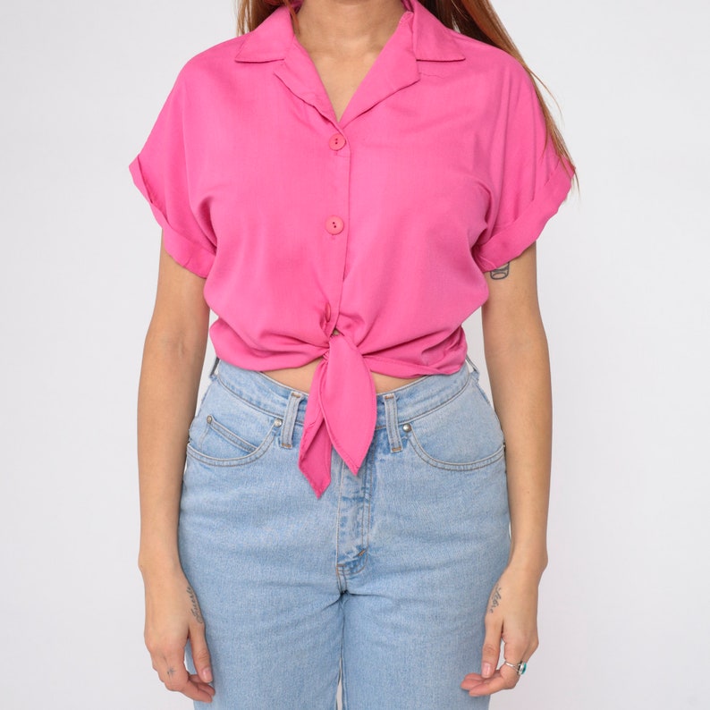 Bright Pink Crop Top 90s Tie Waist Cropped Blouse Plain Short Cuffed Sleeve Shirt Collared Button Up Shirt Normcore Vintage Medium image 8