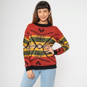 Vintage Southwestern Knit Sweater 80s Red Geometric Aztec Bohemian Knitwear Pullover Jumper Southwest Black Ringer Crewneck 1980s Medium M