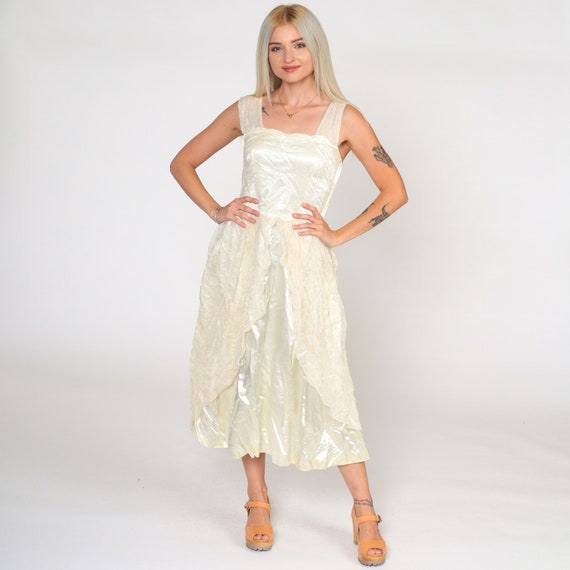 Cream Lace Dress 60s Party Dress Satin Formal Dress High Waist Prom Wedding Midi 1960s Vintage Sleeveless Bridal Princess Extra Small xs