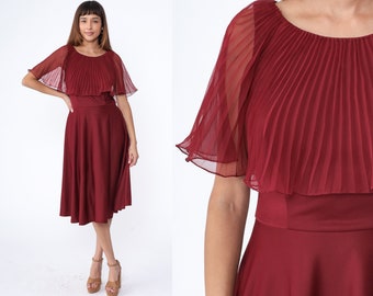 70s Party Dress Burgundy Chiffon Capelet Dress 1970s Grecian High Waist Boho Midi Drape Gown Cape Formal Bohemian Cocktail Medium