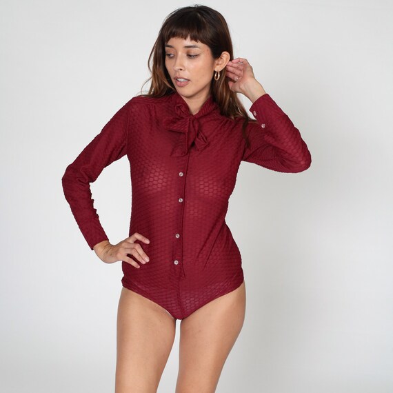 Sheer Red Bodysuit Top 70s Ascot Blouse Long Sleeve Button up Necktie Shirt Pussy Bow Neck Tie Honeycomb Print Vintage 1970s Medium M