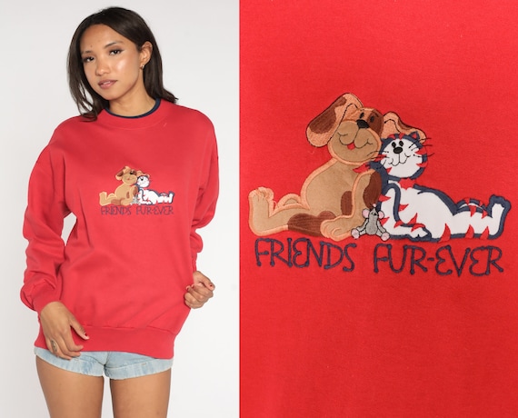 Cat Dog Sweatshirt Friends Fur-ever Puppy Sweater 90s Animal Sweatshirt Vintage Red 1990s Embroidered Graphic Sweater Retro Medium