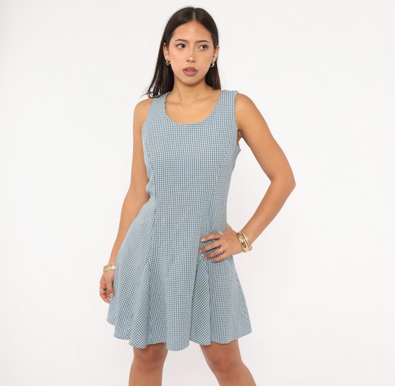 90s Gingham Mini Dress Blue White Check Sleeveless Fit Flare Lace Up Back Cotton Summer Sundress Plaid Skater Cottagecore Preppy Medium M