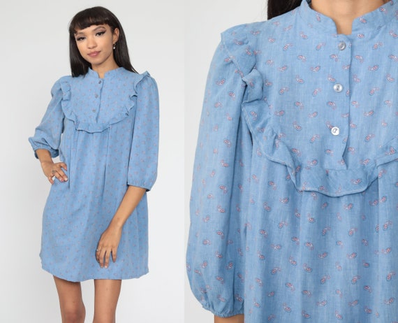 70s Paisley Dress Mini Boho Bib Ruffle Tent Dress