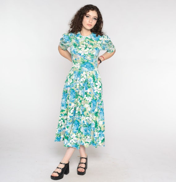 80s Floral Dress Puff Sleeve Green Blue Midi Dress Romantic Watercolor Flower Print Cottagecore Granny Vintage 1980s Low Waist Small Medium