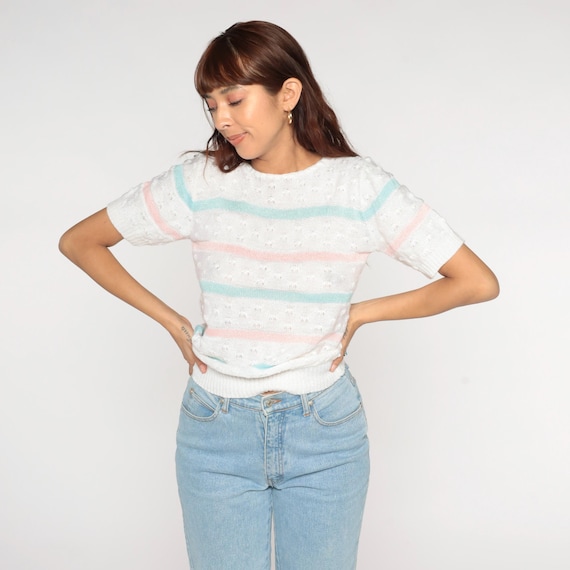 80s Striped Sweater Top Knit Pastel Pink Blue White Preppy Cottagecore Coquette Balletcore Summer Lightweight Pointelle Vintage Small S