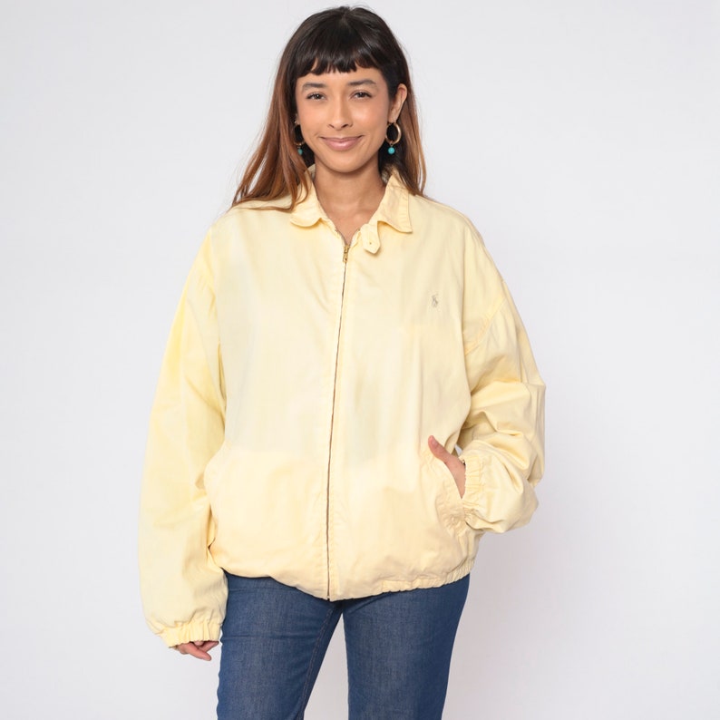 Polo Ralph Lauren Jacket 90s Light Yellow Sport Jacket Zip Up Bomber Windbreaker Full Zip Flannel Lined Streetwear Vintage 1990s Mens Large image 2