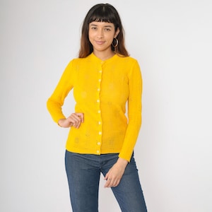 Vintage Yellow Pointelle Cardigan 80s Sheer Knit Button up Sweater Open Weave Sweater Retro Preppy Openwork 1980s Extra Small xs