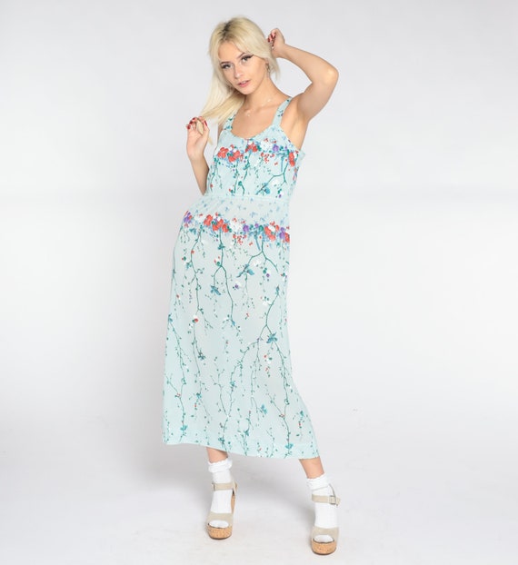 Baby Blue Floral Dress 70s Asian Inspired Blossom… - image 4