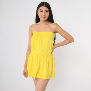 80s Terrycloth Romper Yellow  Strapless Tube Top Bandeau Short Length Summer Beach Skating Loungewear Playsuit Vintage Plus Size XL 1X