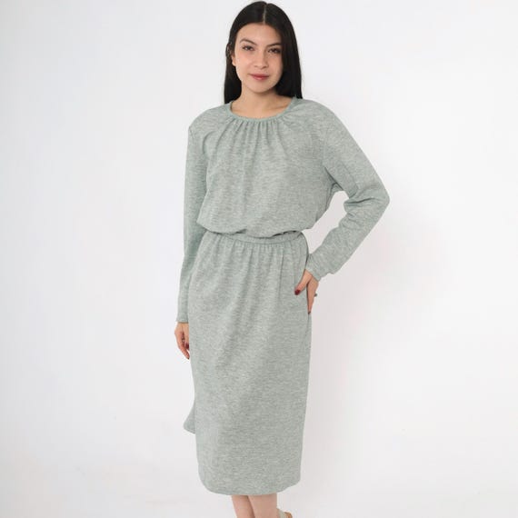 80s Heather Green Dress Vintage Midi Plain Secretary Dress Gathered Wool Blend High Elastic Waist 1980s Long Sleeve Belted Extra Large xl 16