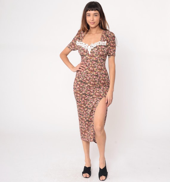 90s Floral Dress Lace Trim Sweetheart Neckline Short Sleeve Side Slit Pink Yellow Burgundy Ditsy Print Coquette Grunge Alternative Small S