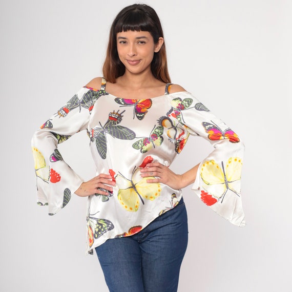 Y2K Butterfly Blouse Split Bell Sleeve Shirt Cold Shoulder Blouse Party Going Out White Flowing Off Shoulder Vintage 00s Medium 10