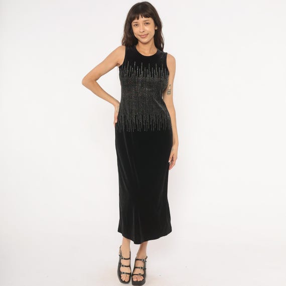 Glitter Velvet Dress 90s Black Sleeveless Midi Silver Beaded Column Party Evening Cocktail Sparkle Glam Going Out Gown Grunge Goth Small S