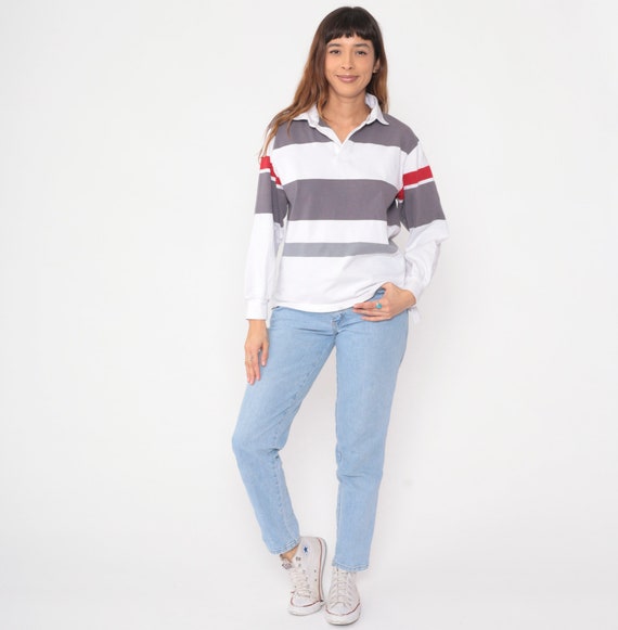 Striped Rugby Shirt 90s White Grey Polo Shirt Lon… - image 3