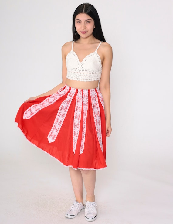 Red Lace Trim Skirt 80s Prairie Mini Skirt White Floral High Waisted Miniskirt Boho Summer Hippie Prairiecore Vintage 1980s Extra Small xs
