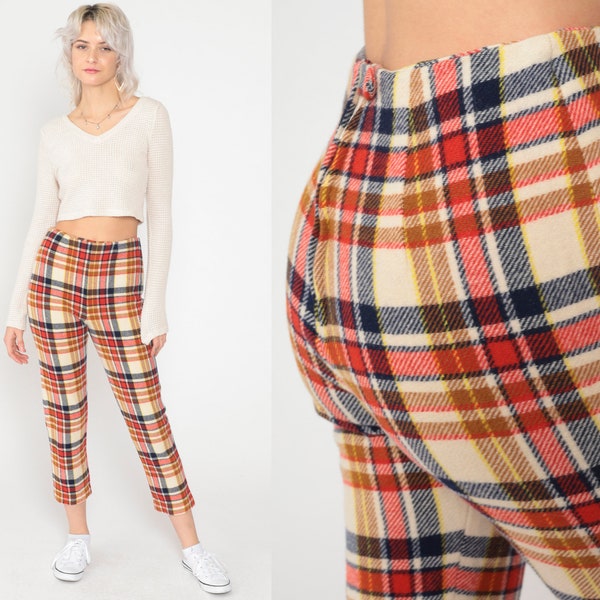 60s Plaid Trousers Red Cream Tartan Cigarette Capri Pants Checkered High Waisted Rise Mod Slim Retro Navy Blue Vintage 1960s Extra Small xs