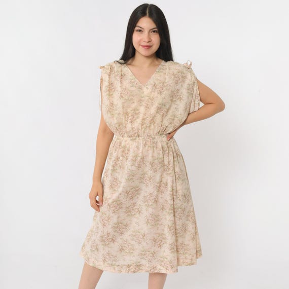 Vintage Blouson Floral Dress 70s Midi Cream Boho High Waisted Slouchy Dress Peasant Dress Cap Sleeve Bohemian V Neck Small S