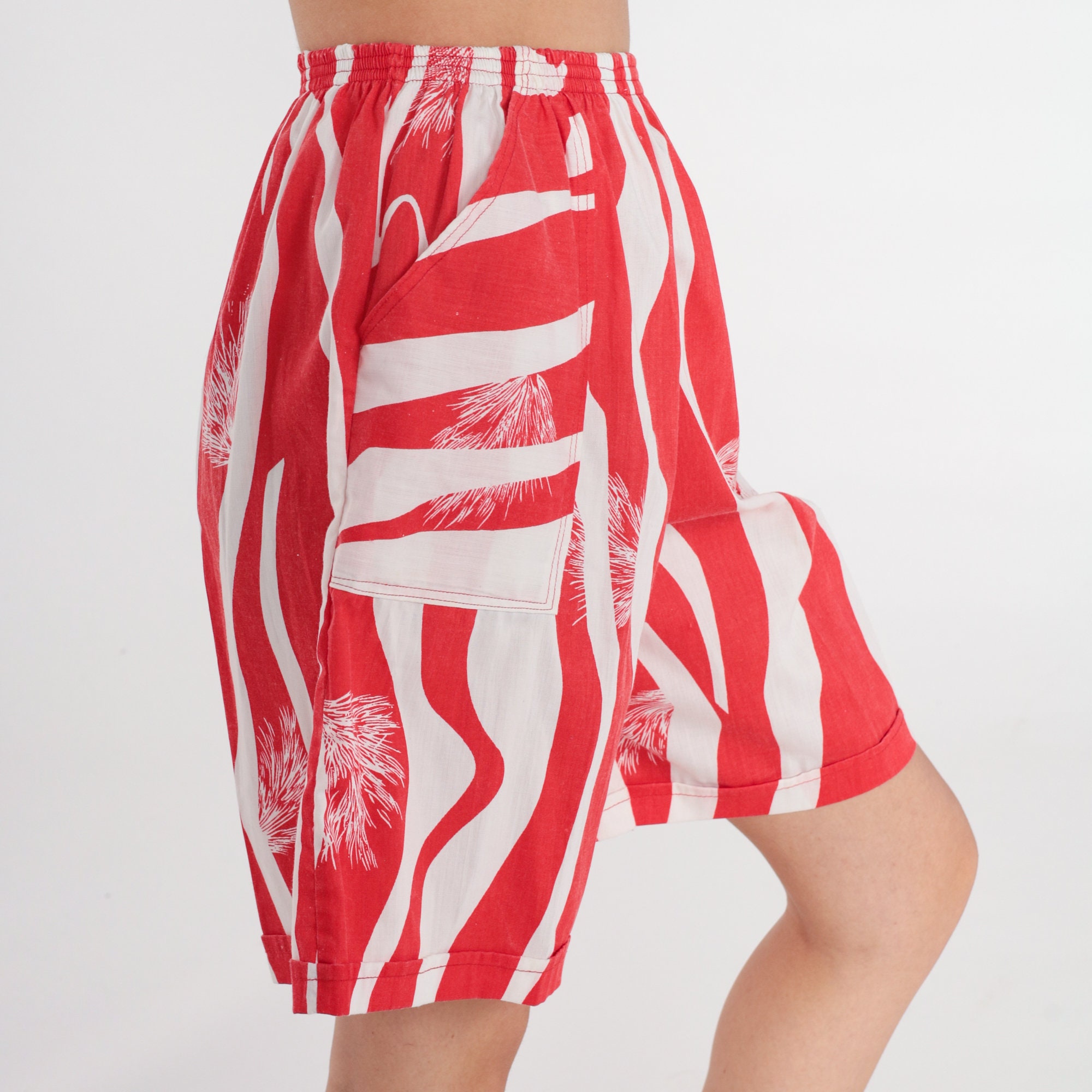 80s Shorts Wide Leg Shorts Red White Striped Abstract Dandelion Print ...