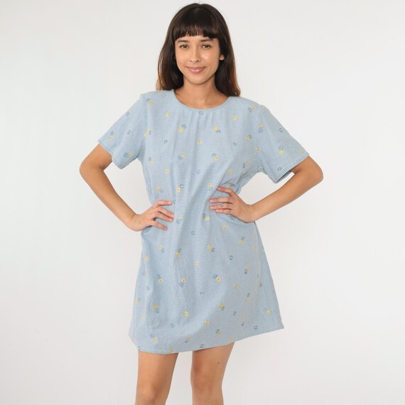 Vintage Gingham Floral Dress Blue Embroidered Mini Dress 90s Checkered Flower Shift Dress 1990s Short Sleeve Minidress Shift Large 14