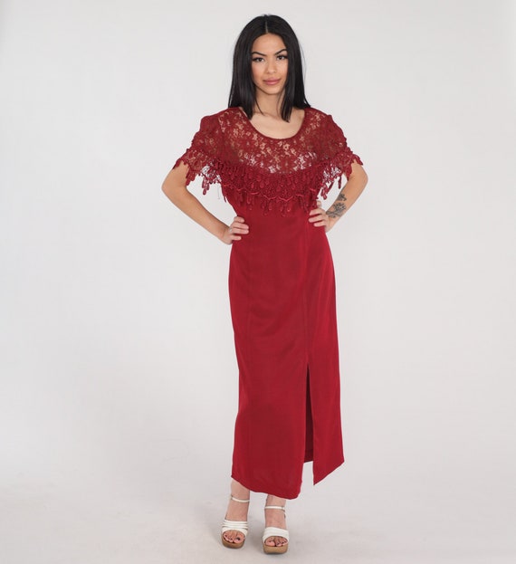 Red Party Dress 90s Lace Illusion Dress Front Slit Midi Dress Sheer Floral Short Sleeve Cocktail Evening Formal Gothic Vintage 1990s Medium