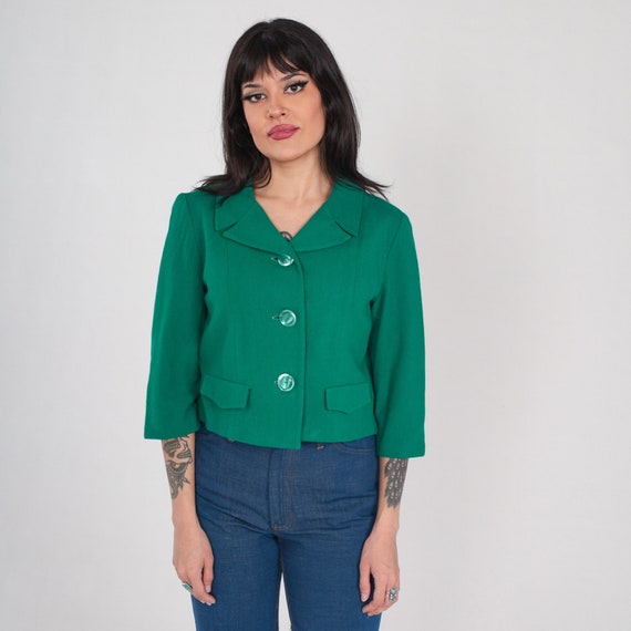Green Blazer Jacket 60s Wool Blend Button up Jacket Mod Jackie O Preppy 3/4 Sleeve Cropped Blazer Mad Men Suit Jacket Vintage 1960s Small S