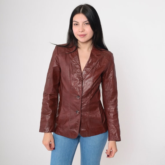 70s Brown Leather Jacket Leather Blazer Wilsons Bohemian Boho Hippie V Neck Vintage 1970s Hipster Collared Button Up Chic Extra Small xs