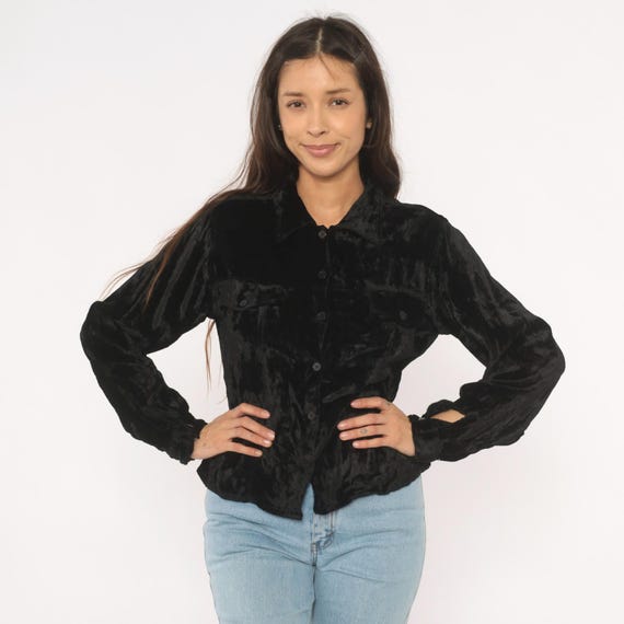 Y2K Crushed Velvet Shirt Black Collared Blouse Long Sleeve Top Chest Pocket Western Dark Goth Night Out Layering Grunge Vintage Medium M