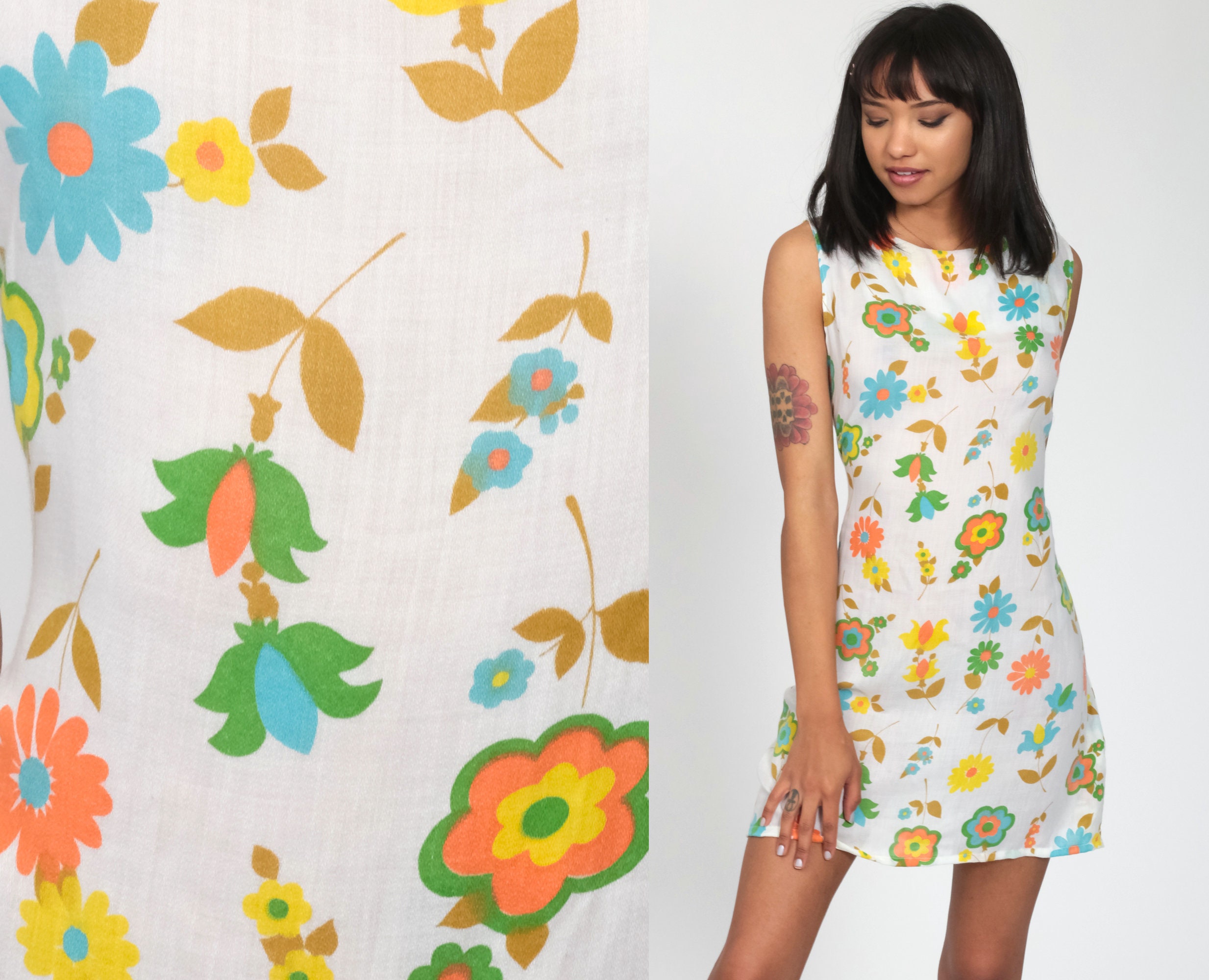 60s Mod Mini Dress Shift Floral Print Boho Twiggy Hippie Dress 1960s Vintage Sixties Minidress 70s Flower Power Sleeveless Medium Large