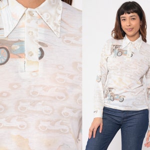 70s Antique Car Shirt Disco Shirt Novelty Print Blouse Mountain Nature 1970s Hippie Boho Long Sleeve Vintage Button Up Bohemian Small 4 image 1