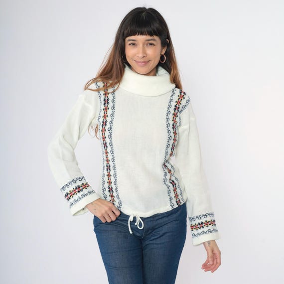 Vintage 70s White Turtleneck Sweater Metallic Knit Floral Stripes Wide Sleeve Boho Drawstring Waist Bohemian 1970s Pullover Small Medium