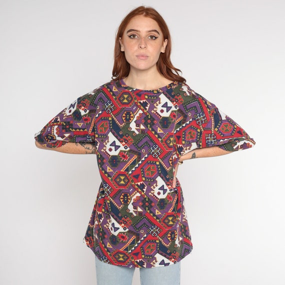 90s Southwestern Shirt Red Purple Print T-Shirt Retro Navajo Graphic Tee Aztec Short Sleeve Green Vintage 1990s Extra Large xl