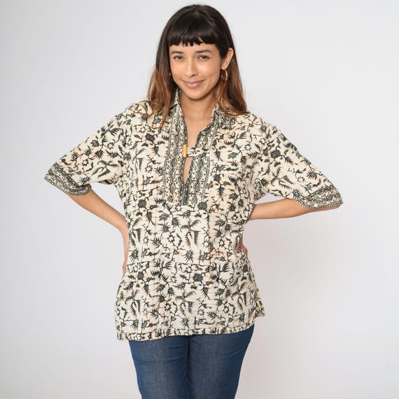 Vintage Batik Tunic Shirt Abstract Bird Print Boho Toggle Button Shirt 80s Hippie Shirt 1980s Bohemian Collared Short Sleeve Men's Medium