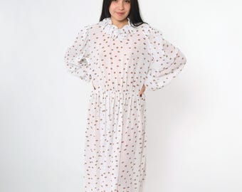 Vintage Kleid Weiß gepunktet 80er Jahre Semi-Transparent Puffärmel Midi Kleid Rüschenkragen 1980er High Waist Slouchy Blouson 1980er Jahre Sekretärin Medium M